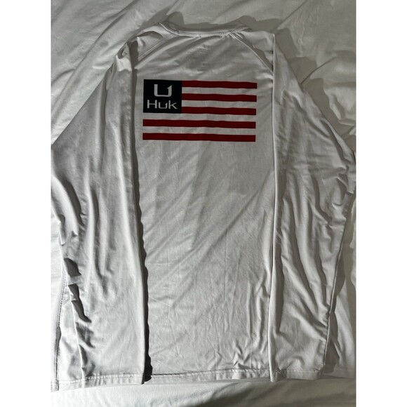 Huk Men's USA Flag Graphic White Dri Fit Long Sleeve Fishing Shirt Men’s 2XL - Picture 8 of 10